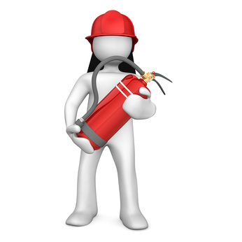 Brandschutz White cartoon character as fireman with extinguisher.